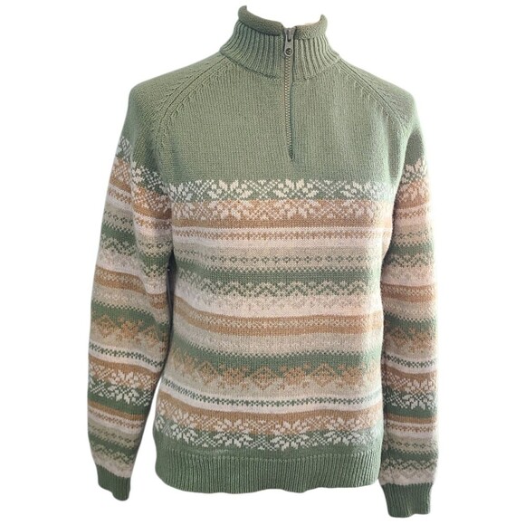 Woolrich 100% Lambs Wool Fair Isle Snowflake Nordic 1/4 Zip Sweater Sage Green S - Picture 1 of 12